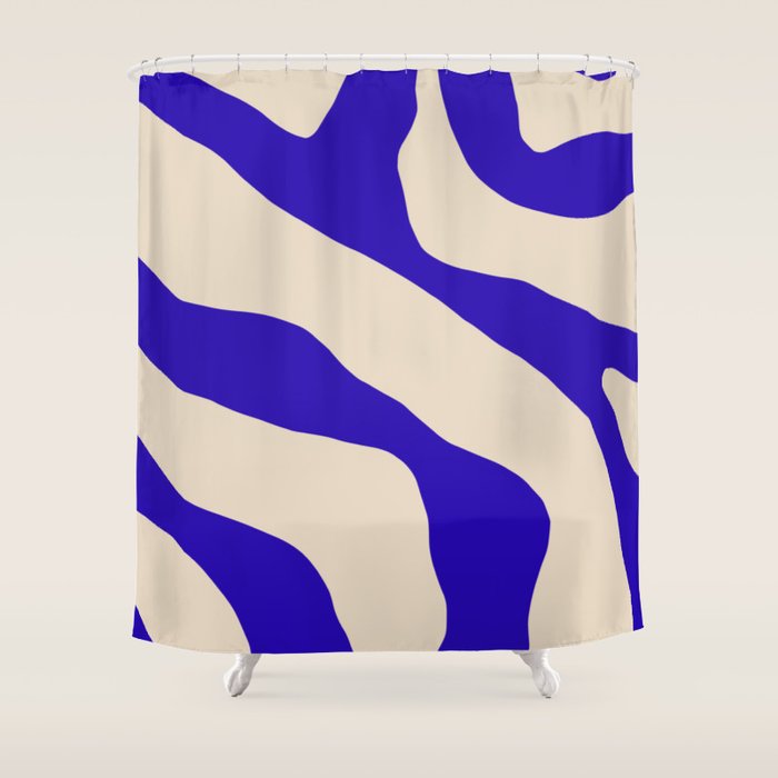 Blue Cobalt Abstract Minimalist Organic Forms Pattern with Beige Shower Curtain Gallery Image 1