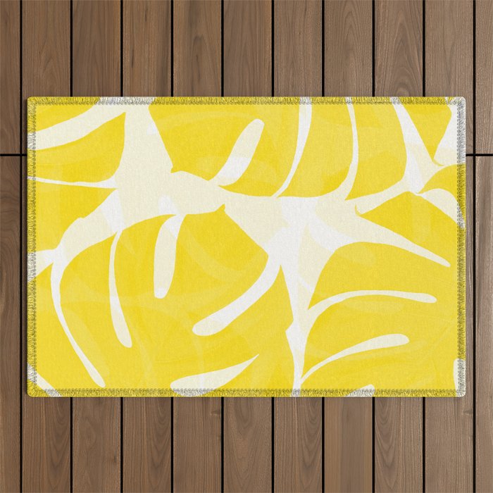 Mellow Yellow Monstera Leaves White Background #decor #society6 #buyart Outdoor Rug Gallery Image 1