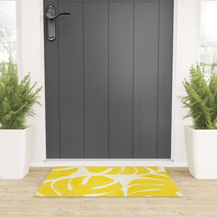 Mellow Yellow Monstera Leaves White Background #decor #society6 #buyart Welcome Mat Gallery Image 3