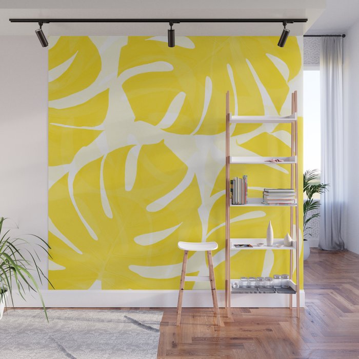 Mellow Yellow Monstera Leaves White Background #decor #society6 #buyart Wall Mural Gallery Image 1