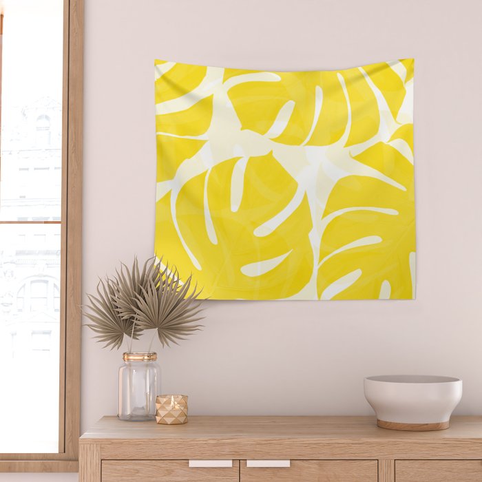 Mellow Yellow Monstera Leaves White Background #decor #society6 #buyart Wall Tapestry Gallery Image 2