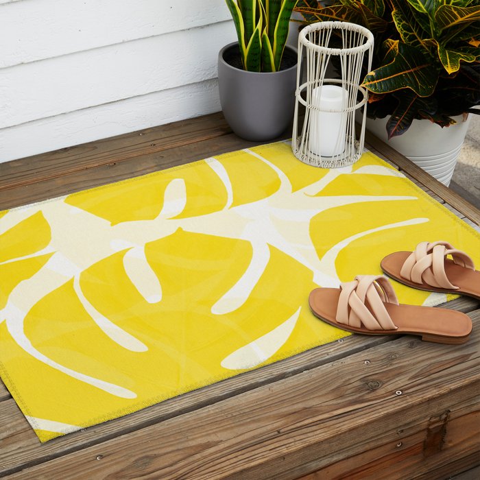 Mellow Yellow Monstera Leaves White Background #decor #society6 #buyart Outdoor Rug Gallery Image 2