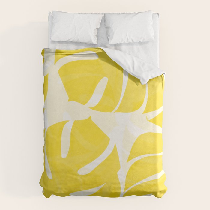 Mellow Yellow Monstera Leaves White Background #decor #society6 #buyart Duvet Cover Gallery Image 1