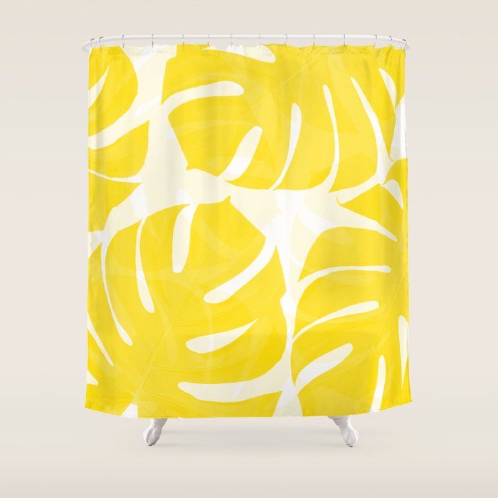 Mellow Yellow Monstera Leaves White Background #decor #society6 #buyart Shower Curtain Gallery Image 1