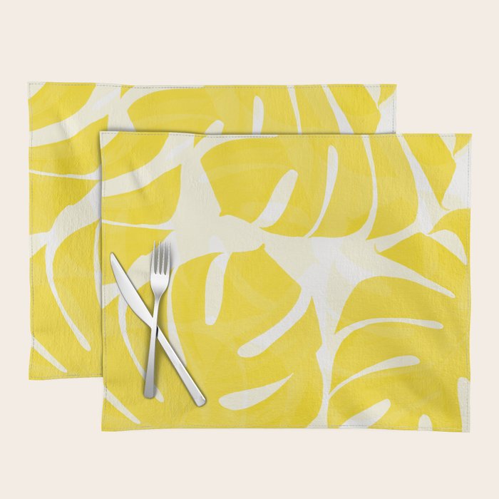 Mellow Yellow Monstera Leaves White Background #decor #society6 #buyart Placemat Gallery Image 1