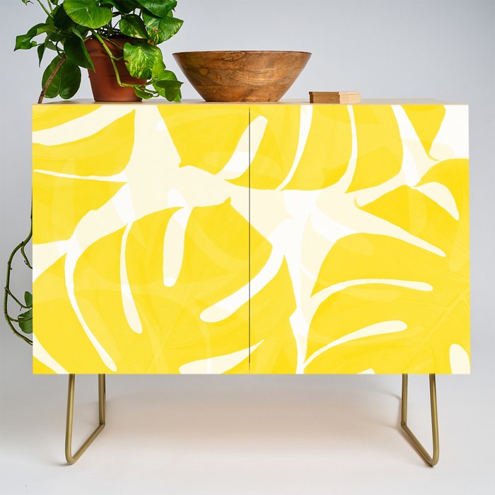 Mellow Yellow Monstera Leaves White Background #decor #society6 #buyart Credenza Gallery Image 1