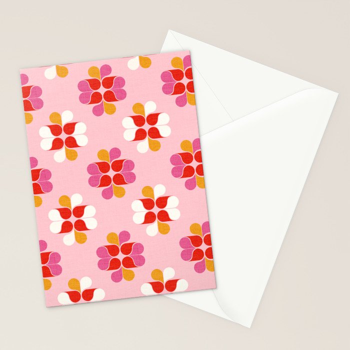 Retro Floral Pattern in Pink, Red, and Orange Stationery Card Gallery Image 2