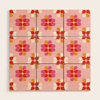Retro Floral Pattern in Pink, Red, and Orange Wood Wall Art Gallery Image 1