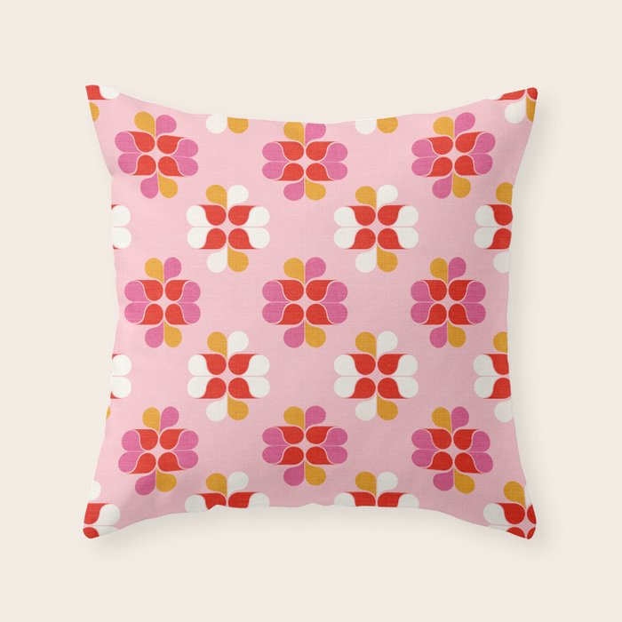 Retro Floral Pattern in Pink, Red, and Orange Throw Pillow Gallery Image 1