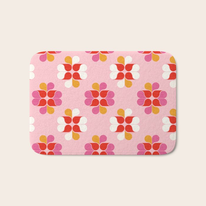 Retro Floral Pattern in Pink, Red, and Orange Bath Mat Gallery Image 1