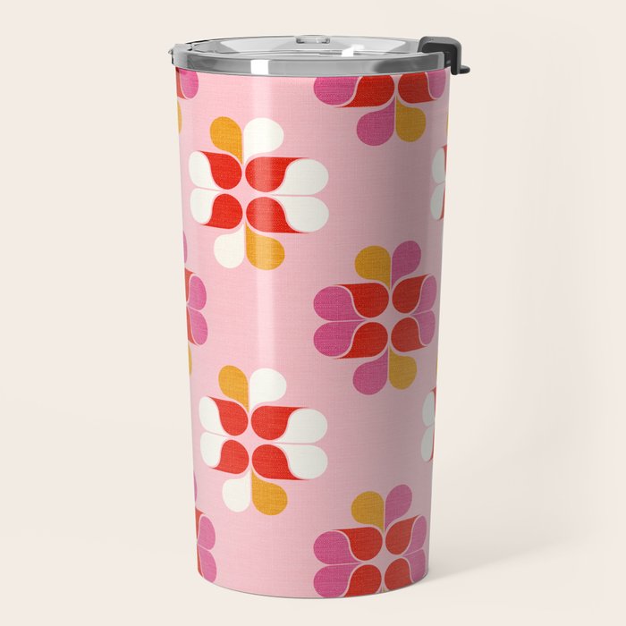 Retro Floral Pattern in Pink, Red, and Orange Travel Mug Gallery Image 2