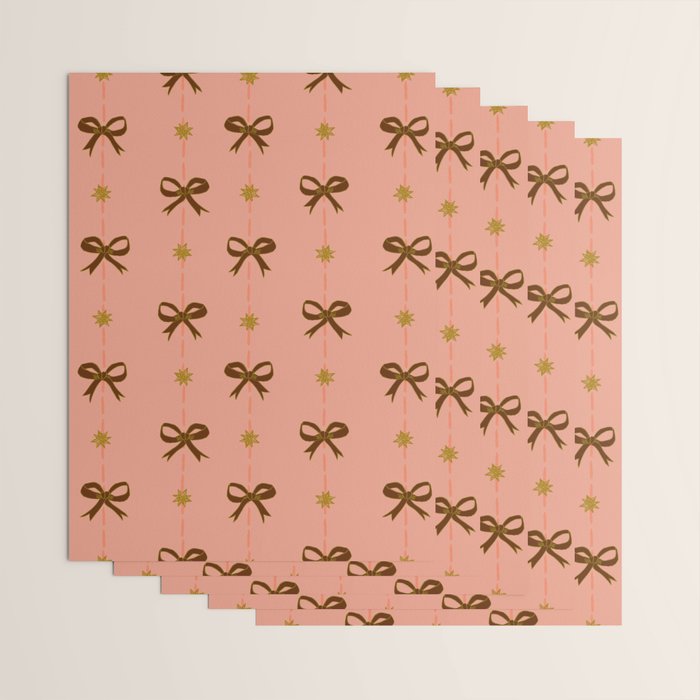 Cute Hair Bows & Stars in Peach & Brown Wrapping Paper Gallery Image 3