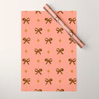 Cute Hair Bows & Stars in Peach & Brown Wrapping Paper Gallery Image 1