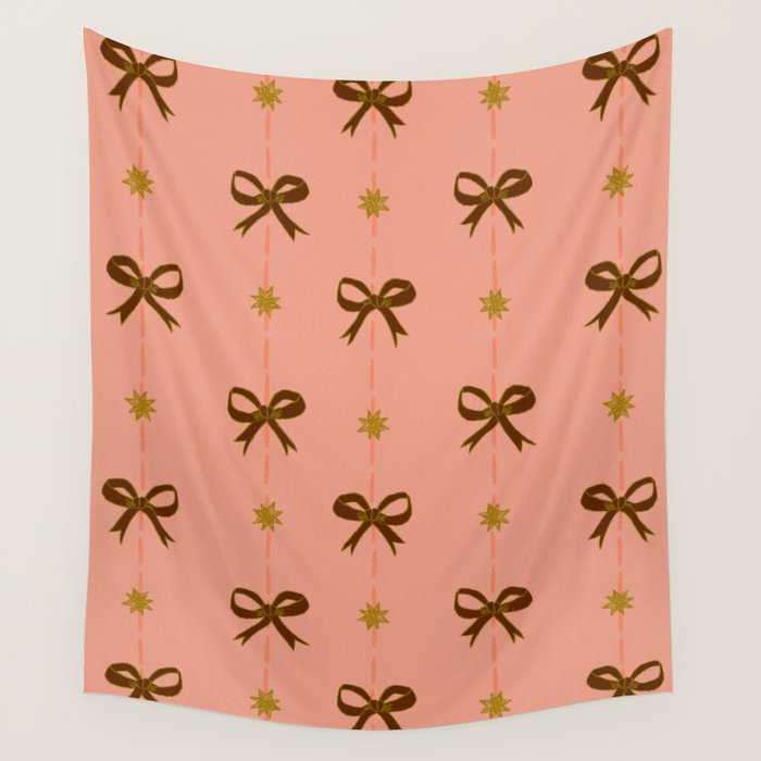 Cute Hair Bows & Stars in Peach & Brown Wall Tapestry Gallery Image 4