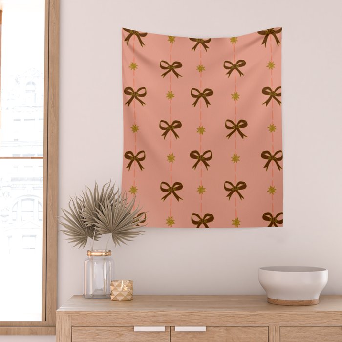 Cute Hair Bows & Stars in Peach & Brown Wall Tapestry Gallery Image 2