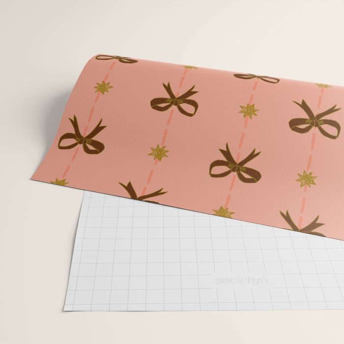 Cute Hair Bows & Stars in Peach & Brown Wrapping Paper Gallery Image 2