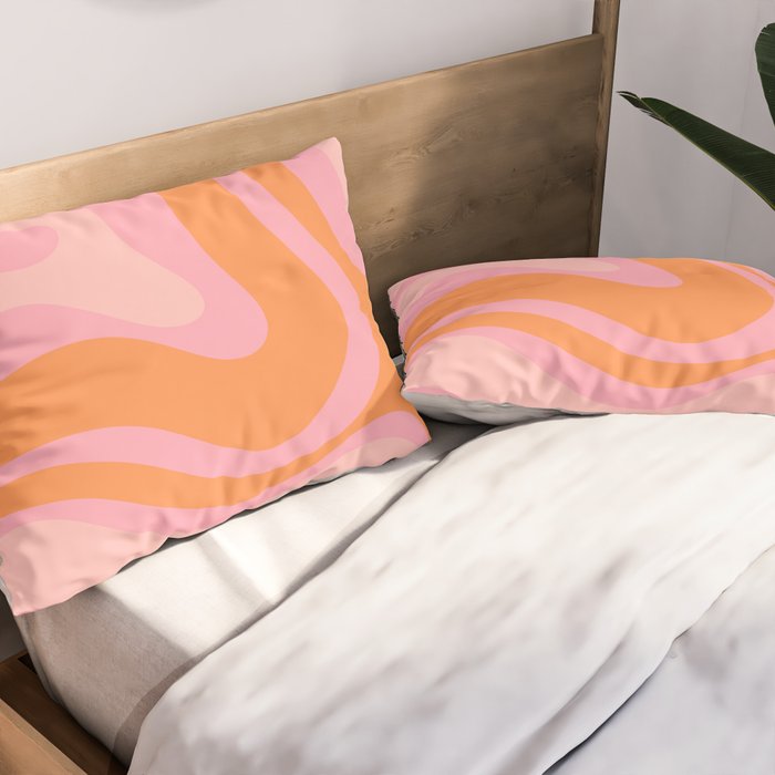 Modern Liquid Swirl Abstract Pattern Square in Retro Pink and Orange Pillow Sham Gallery Image 2