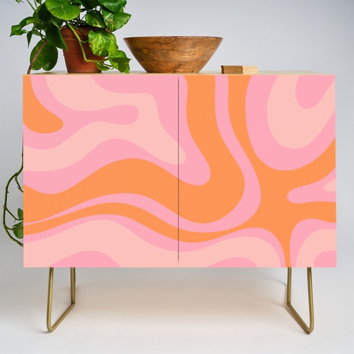 Modern Liquid Swirl Abstract Pattern Square in Retro Pink and Orange Credenza Gallery Image 1