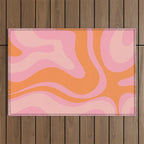 Modern Liquid Swirl Abstract Pattern Square in Retro Pink and Orange Outdoor Rug Gallery Image 1