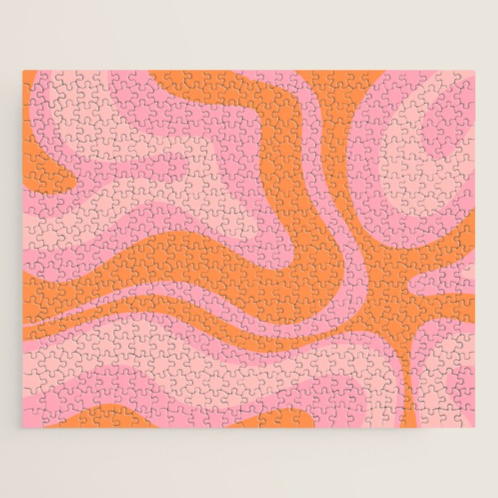 Modern Liquid Swirl Abstract Pattern Square in Retro Pink and Orange Jigsaw Puzzle Gallery Image 1