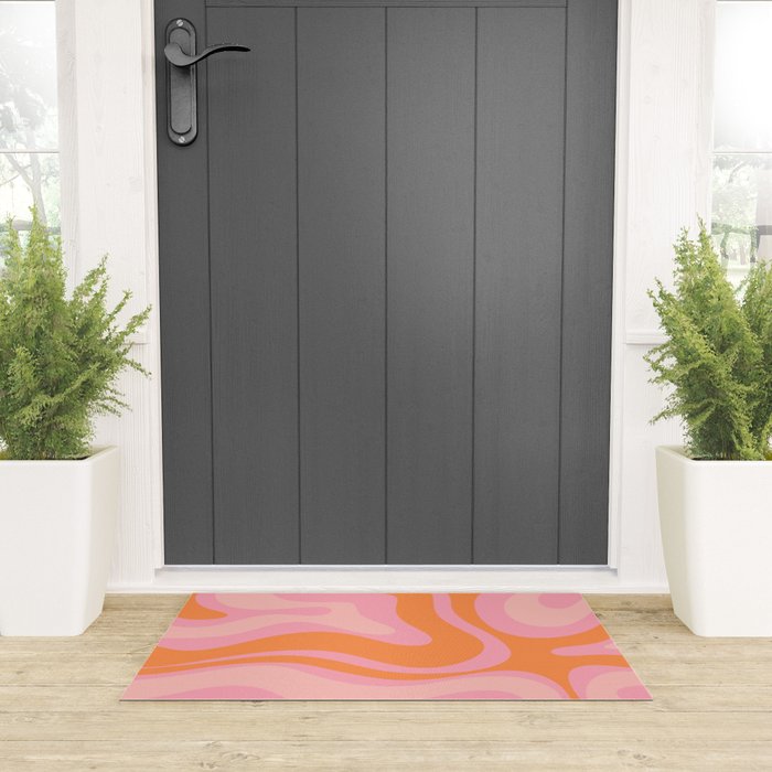 Modern Liquid Swirl Abstract Pattern Square in Retro Pink and Orange Welcome Mat Gallery Image 3