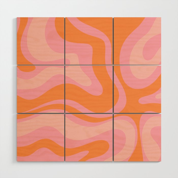 Modern Liquid Swirl Abstract Pattern Square in Retro Pink and Orange Wood Wall Art Gallery Image 1