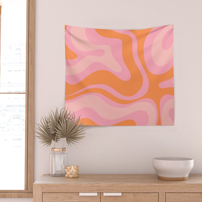 Modern Liquid Swirl Abstract Pattern Square in Retro Pink and Orange Wall Tapestry Gallery Image 2