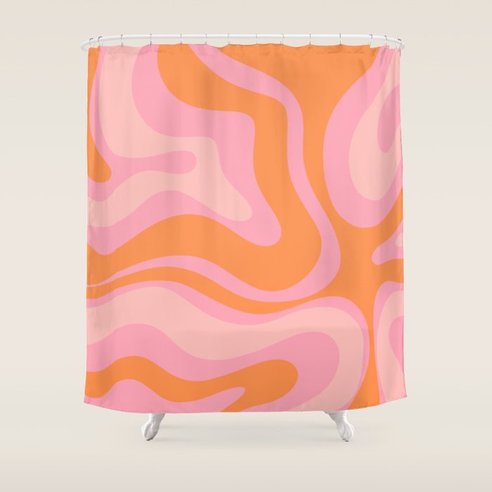 Modern Liquid Swirl Abstract Pattern Square in Retro Pink and Orange Shower Curtain Gallery Image 1