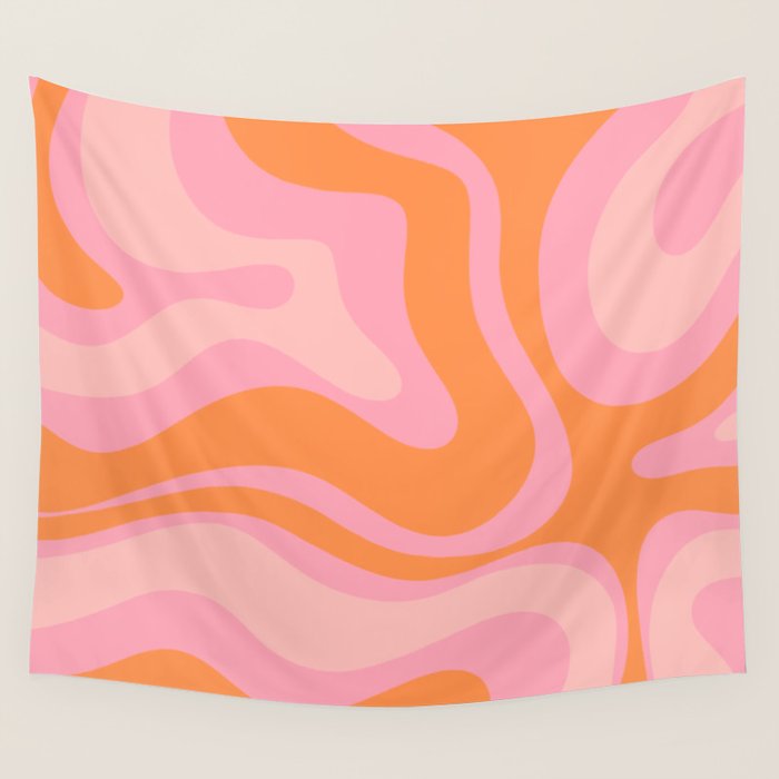 Modern Liquid Swirl Abstract Pattern Square in Retro Pink and Orange Wall Tapestry Gallery Image 1
