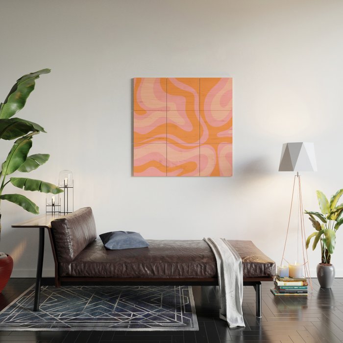 Modern Liquid Swirl Abstract Pattern Square in Retro Pink and Orange Wood Wall Art Gallery Image 2
