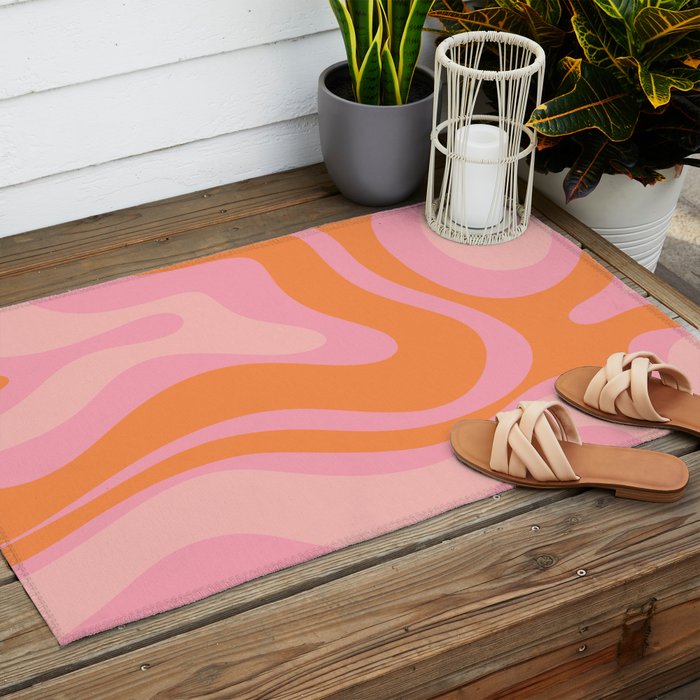 Modern Liquid Swirl Abstract Pattern Square in Retro Pink and Orange Outdoor Rug Gallery Image 2