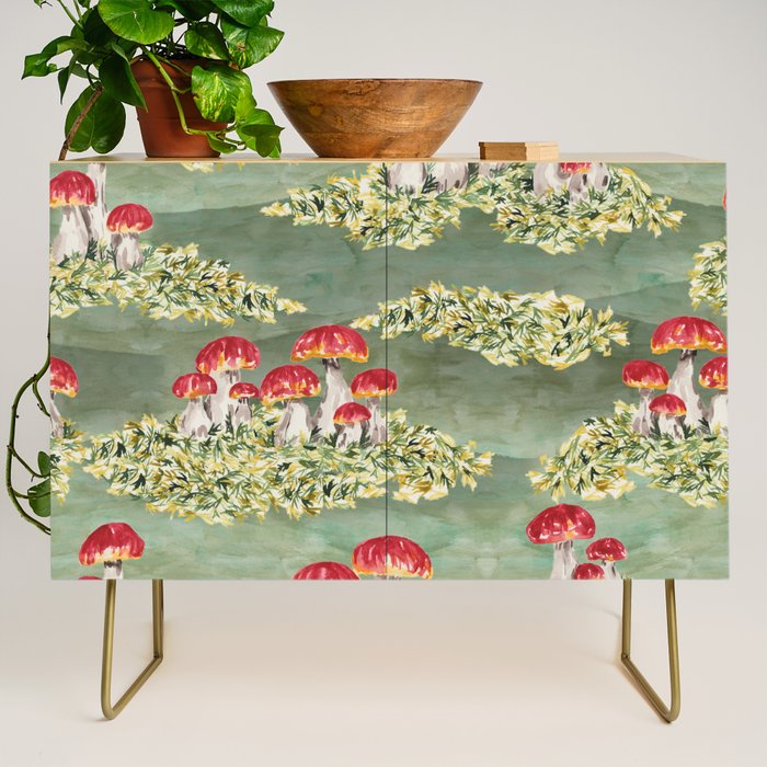 Watercolor moss and mushroom mosaic pattern Credenza Gallery Image 1