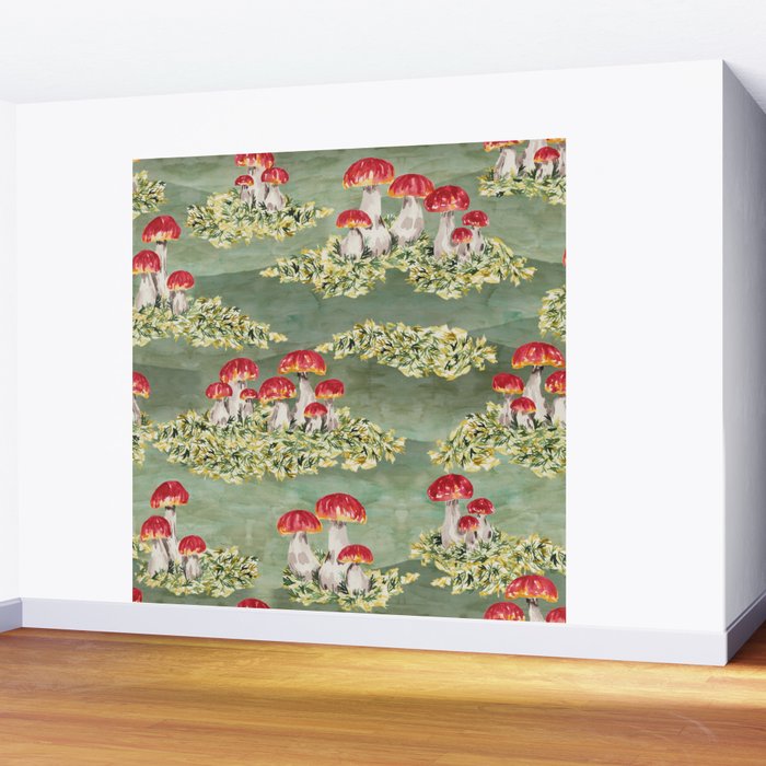 Watercolor moss and mushroom mosaic pattern Wall Mural Gallery Image 2