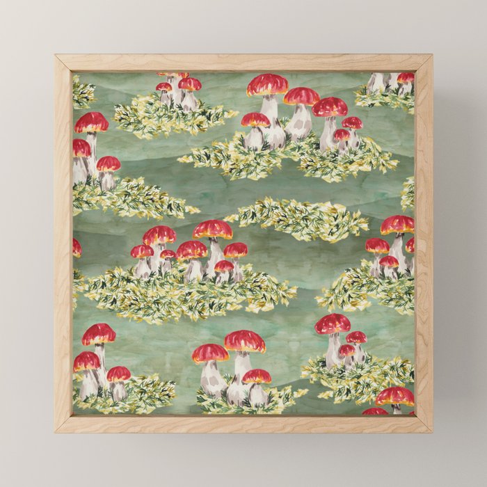Watercolor moss and mushroom mosaic pattern Mini Art Print Gallery Image 1