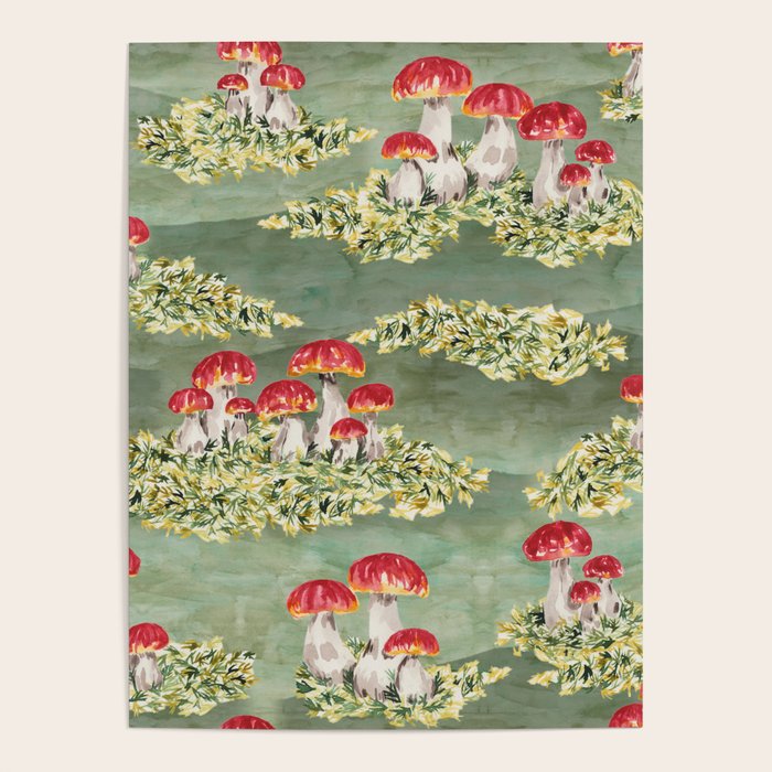 Watercolor moss and mushroom mosaic pattern Poster Gallery Image 4