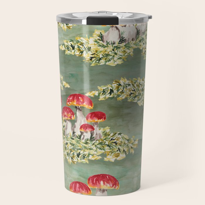 Watercolor moss and mushroom mosaic pattern Travel Mug Gallery Image 1