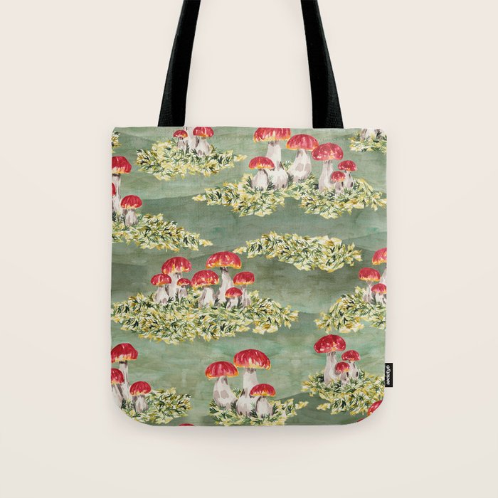 Watercolor moss and mushroom mosaic pattern Tote Bag Gallery Image 1