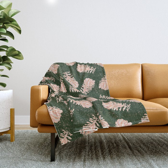 Dancing Pinecones in Forest Green & Pink Throw Blanket Gallery Image 1