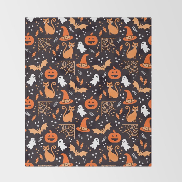 Halloween party illustrations orange, black Throw Blanket Gallery Image 2