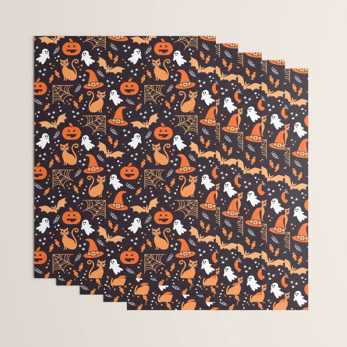 Halloween party illustrations orange, black Wrapping Paper Gallery Image 3