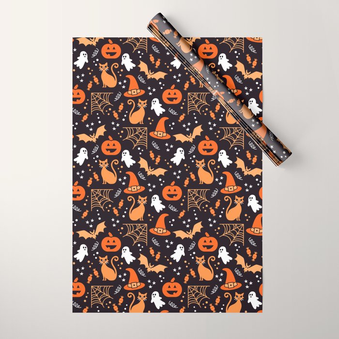 Halloween party illustrations orange, black Wrapping Paper