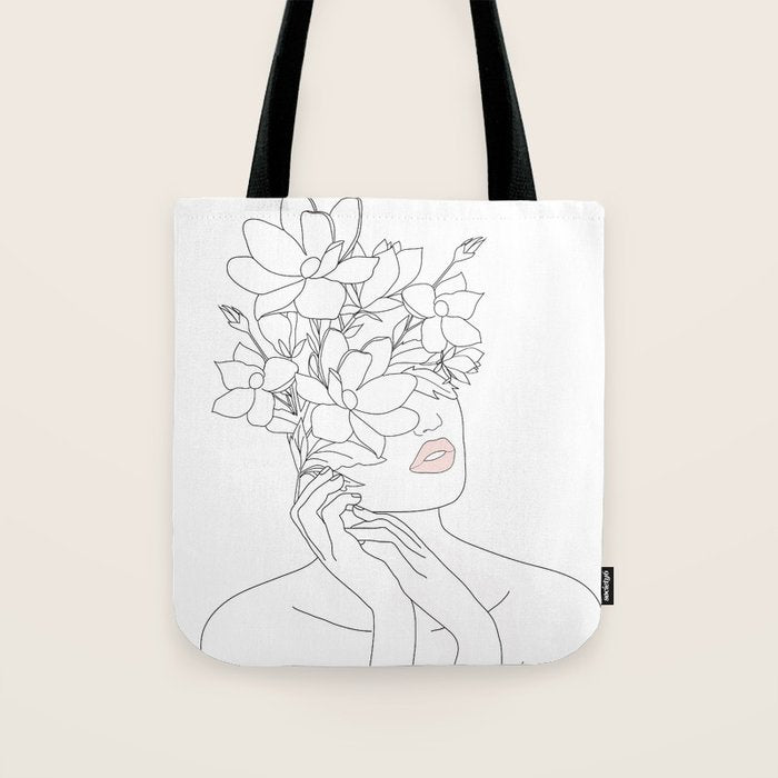 Minimal Line Art Woman with Magnolia Tote Bag Gallery Image 1