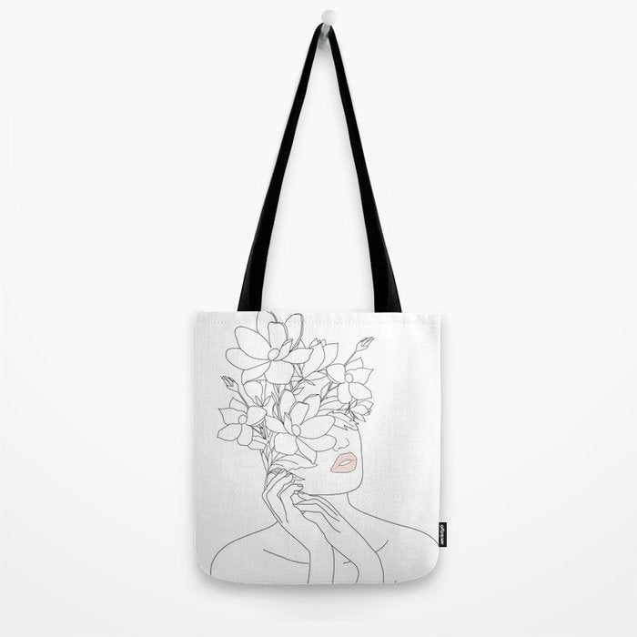 Minimal Line Art Woman with Magnolia Tote Bag Gallery Image 2
