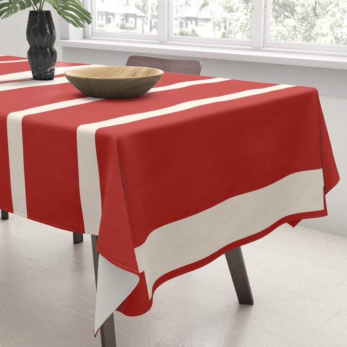 Mid Century Modern Minimalist Geo Chain Geometric Block Stripe Pattern in Red and Cream Tablecloth Gallery Image 3