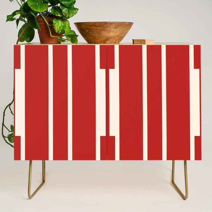 Mid Century Modern Minimalist Geo Chain Geometric Block Stripe Pattern in Red and Cream Credenza Gallery Image 1