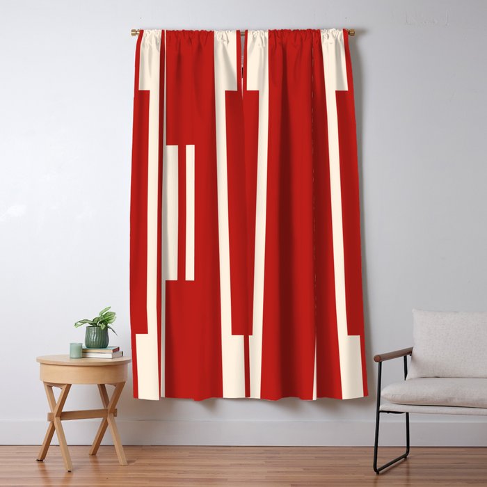 Mid Century Modern Minimalist Geo Chain Geometric Block Stripe Pattern in Red and Cream Window Curtain Gallery Image 5