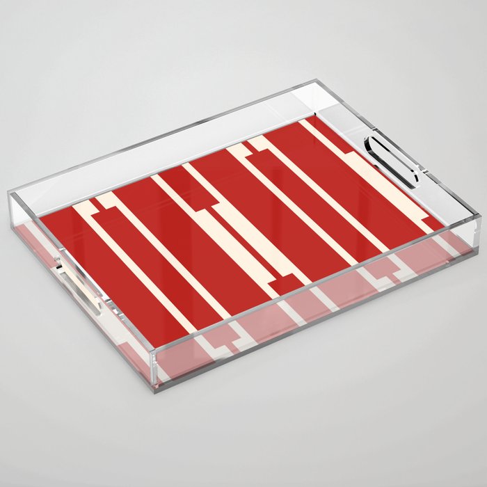Mid Century Modern Minimalist Geo Chain Geometric Block Stripe Pattern in Red and Cream Acrylic Tray Gallery Image 1