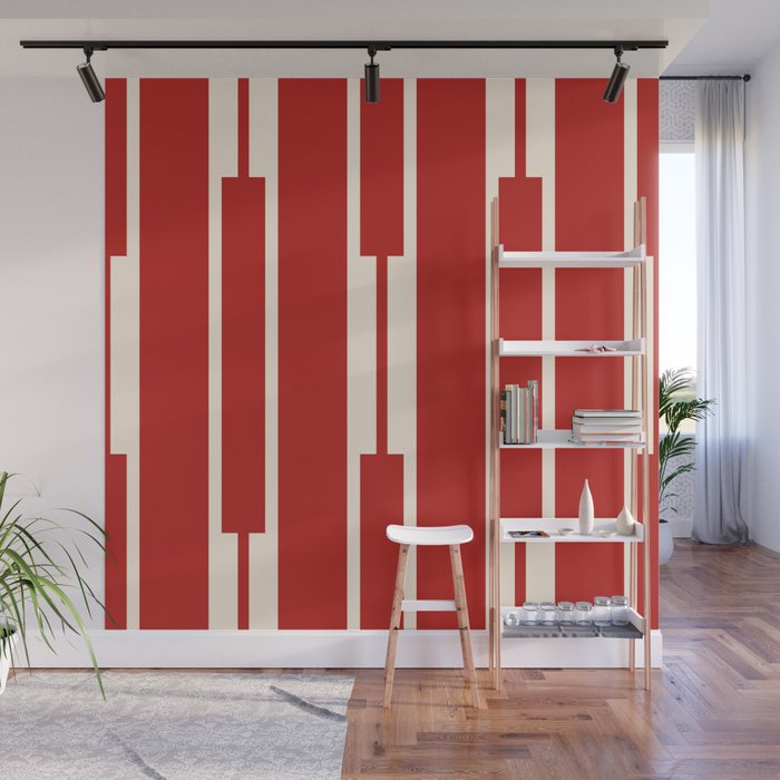 Mid Century Modern Minimalist Geo Chain Geometric Block Stripe Pattern in Red and Cream Wall Mural Gallery Image 1