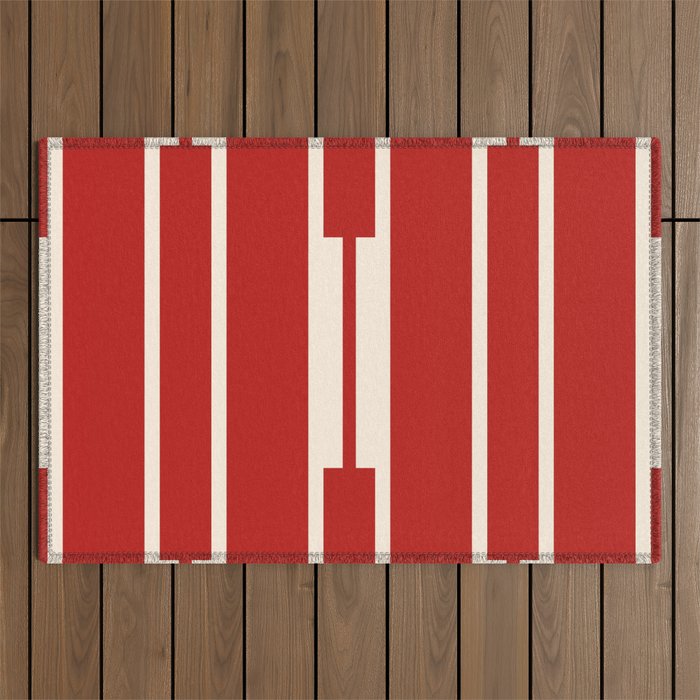 Mid Century Modern Minimalist Geo Chain Geometric Block Stripe Pattern in Red and Cream Outdoor Rug Gallery Image 1