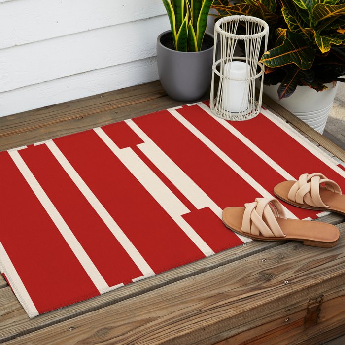 Mid Century Modern Minimalist Geo Chain Geometric Block Stripe Pattern in Red and Cream Outdoor Rug Gallery Image 2